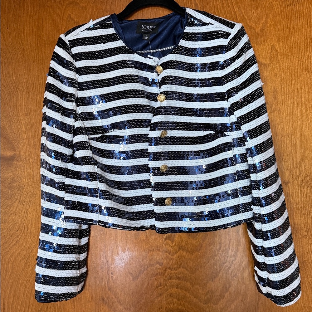 J.Crew Navy and White Sequin Striped Jacket